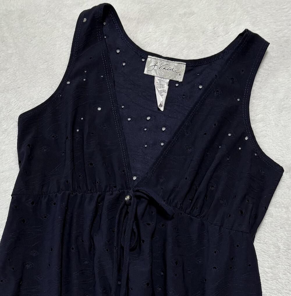 J Valdi Shirt Womens Medium Navy Blue Sleeveless Eyelet V Neck Drawstring Waist